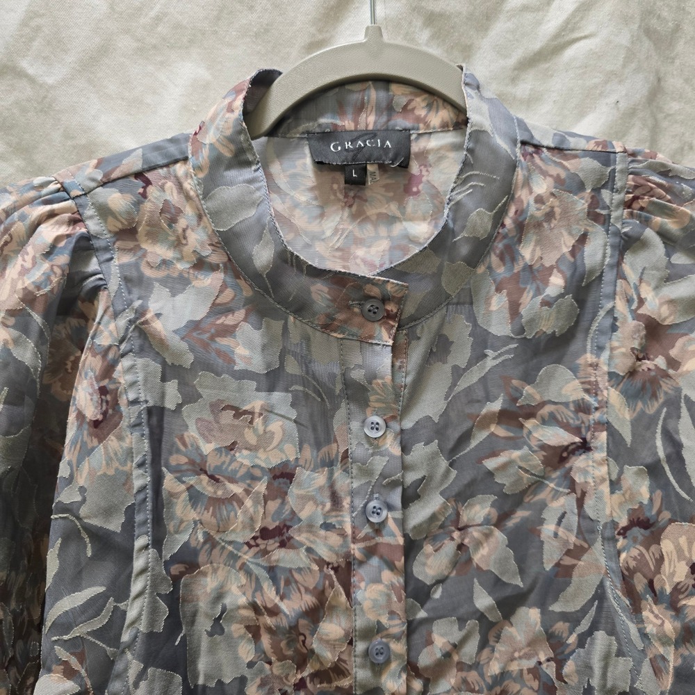 GRACIA Gray Sheer Floral Balloon Sleeve Button Up Blouse Women Size Large - Picture 7 of 9